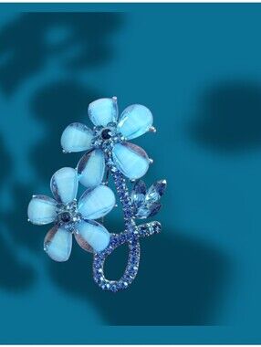 Blue Acrylic and Rhinestone Flower Brooch